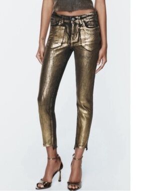 ZARA Gold Black Foil Metallic Coated Skinny Jeans